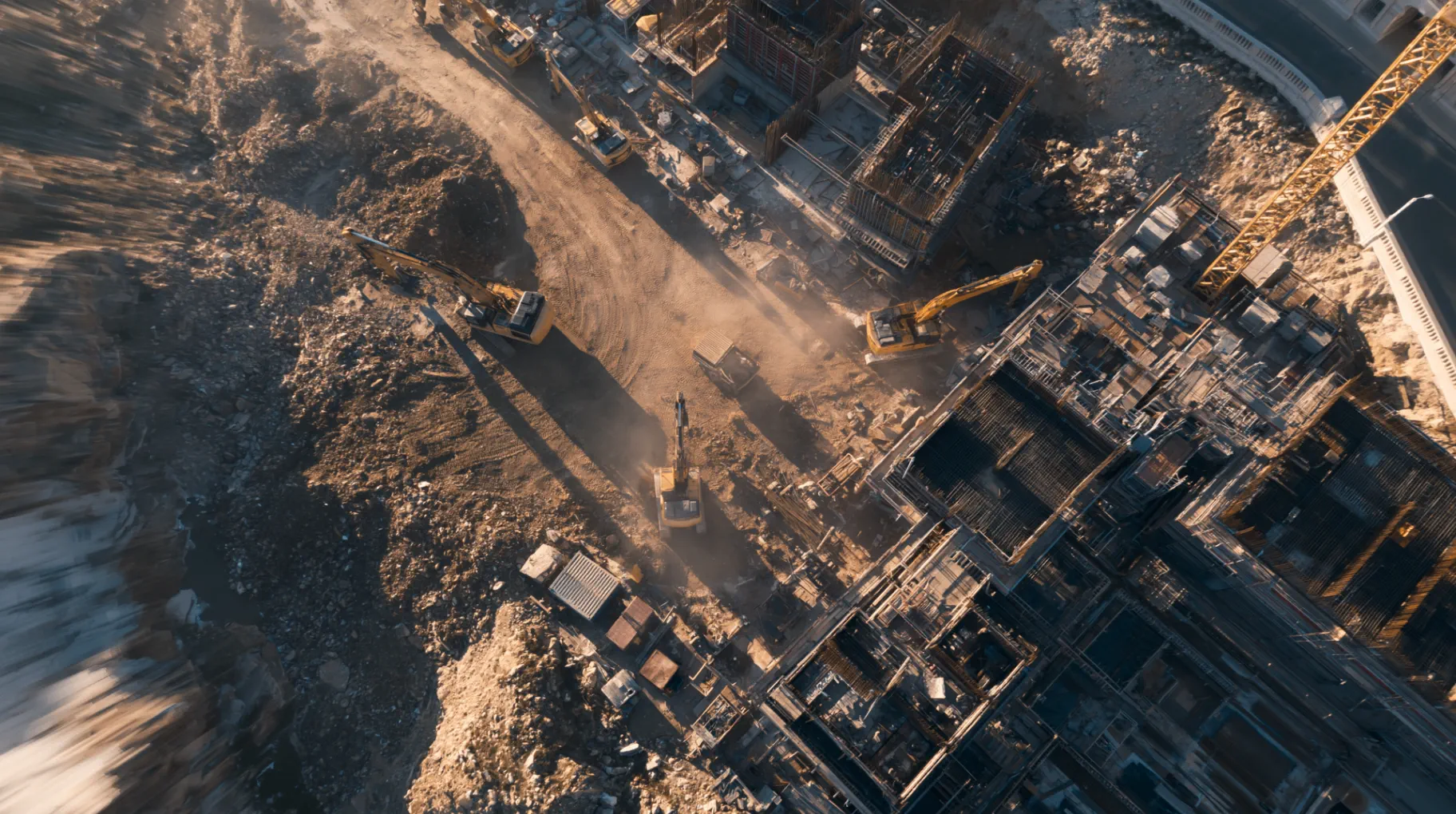Aerial view of a construction site with excavators and cranes at work